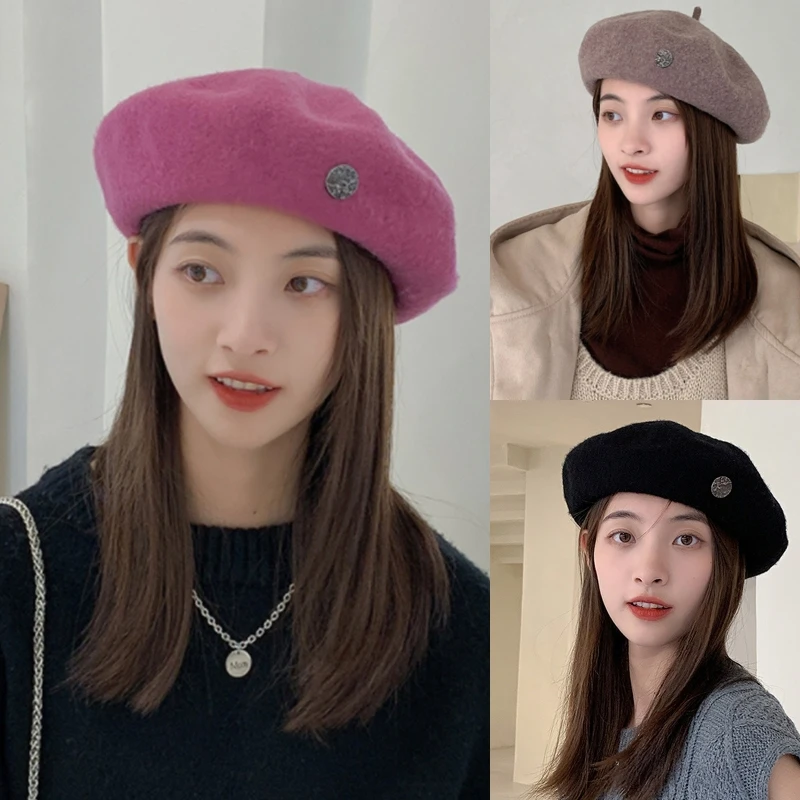 

Casual Solid Color Beret Elegant Painter Hat Octagonal Hat Windproof for Winter Outdoor Activities Morning Workout