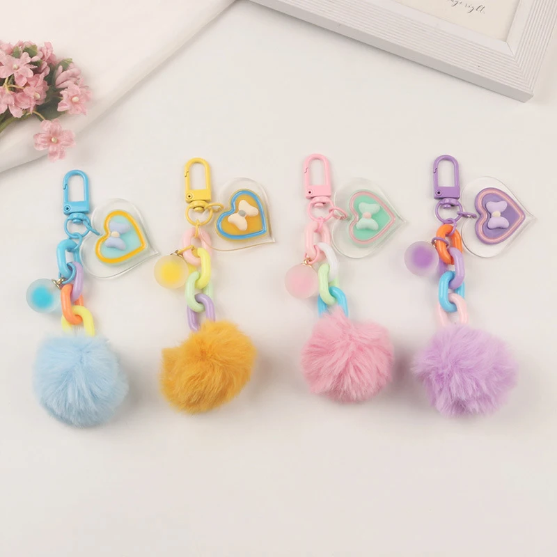 

New Cartoon Cute Bow Colorful Plush Ball Keychain Pendant Creative Ins Small Fresh Colorful Plush Ball Backpack Pendant