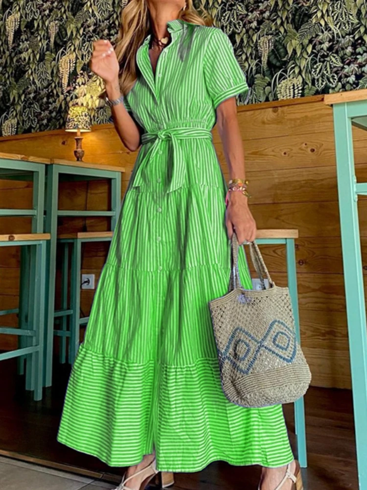 

Spring Summer Fashion Elegant French Stripe Short Sleeve Loose Medium Length Dress Office Lady Dress for Women Party Vestidos