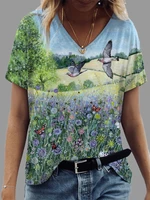 womens cropped t shirt flowers plants print fashion feminine blouses 3d animal short sleeve basic v neck t shirt size s xxl