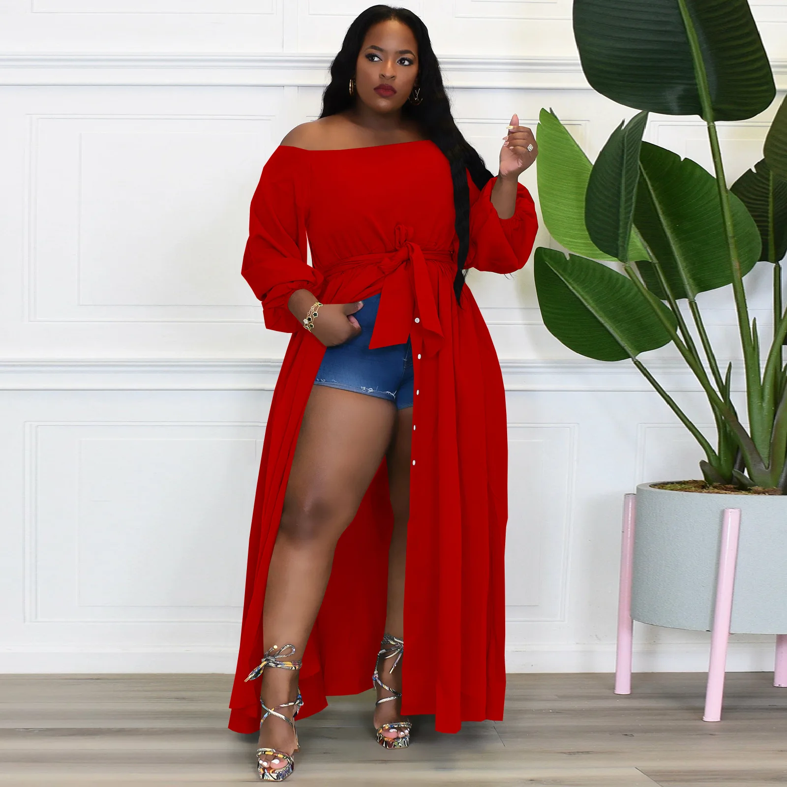 

Plus Size Dress Women Off Shoulder Solid Button Elastic Waist Party Maxi Dress Summer