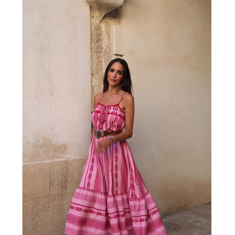 

Fashion Print Knitted Strap Dress Elegant Sleeveless Backless Slash Neck Long Dress 2023 Summer New Women Beach Holiday Clothing