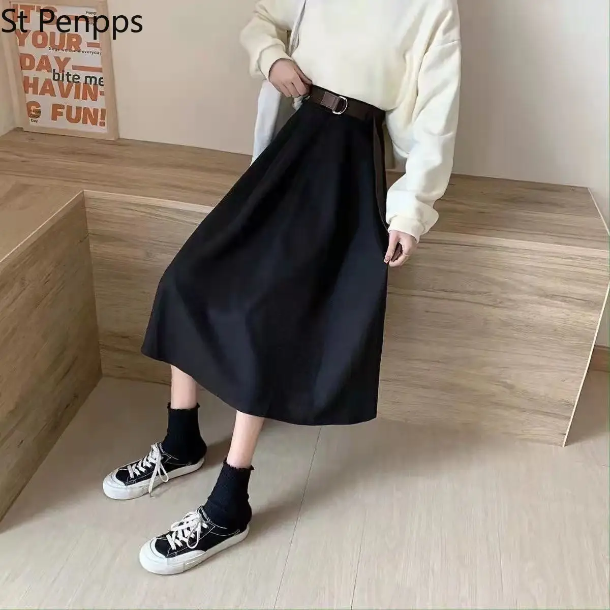 Solid Skirts Women Mid-calf High Waist Friends Korean Style Elegant College Spring Autumn All-match Jupe Mujer Faldas Female Ins | Женская
