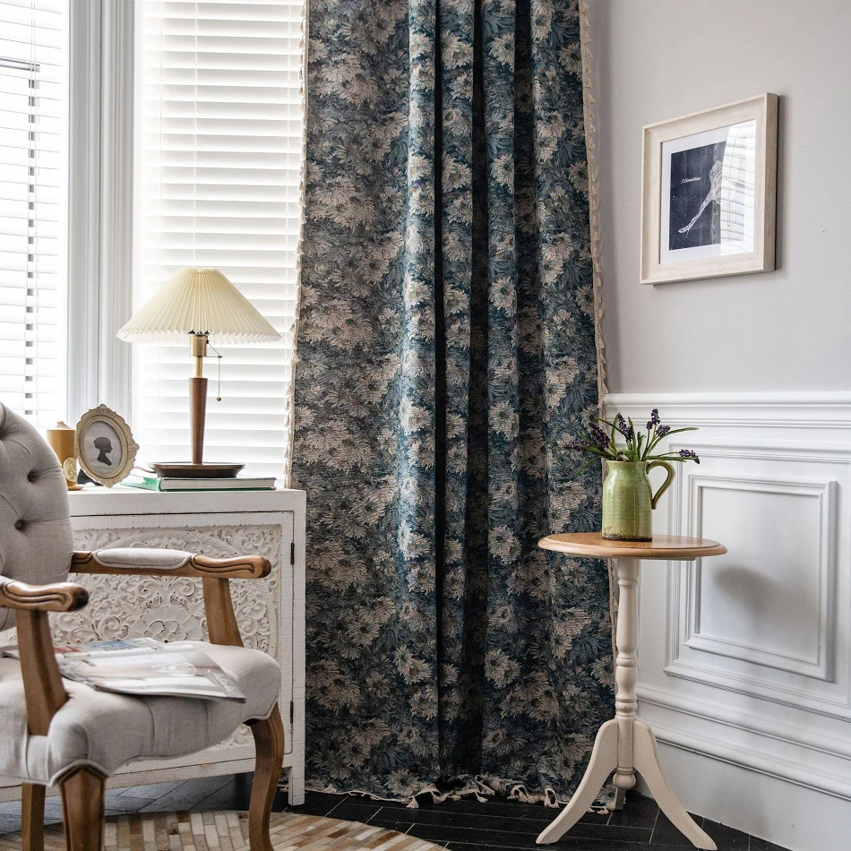 

Living Room Curtains Kitchen Window Half Blackout American Country Tassel Blue Floral Finished Drapes Curtain Cotinas De Sala