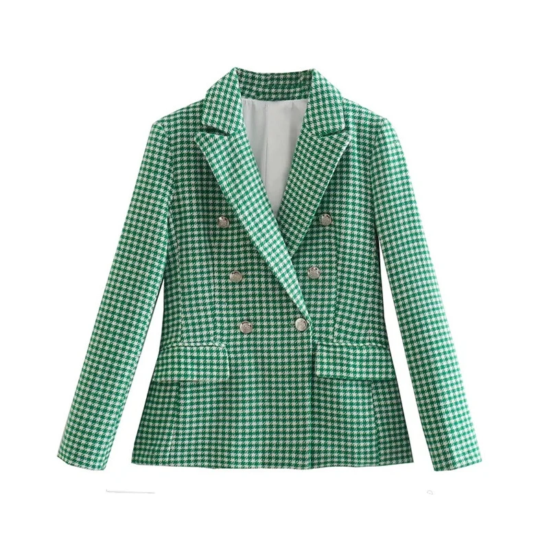 

Autumn Green Women Fashion Double Breasted Blazer Coat Vintage Long Sleeve Flap Pockets Female Outerwear Chic Femme Clothing