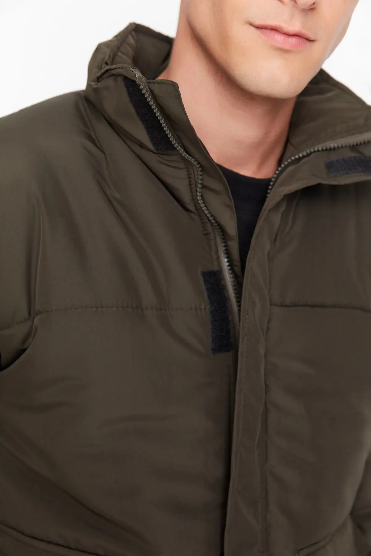 Dark Khaki Men's Stand Up Collar Double Covered Pocketed Inflatable Windproof Jacket TMNAW22MO0090