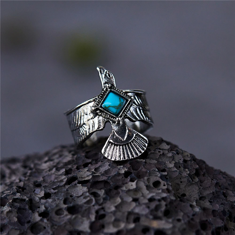 

Vintage Flying Eagle Ring Inlaid Square Blue Stone Animal Opening Adjustable Ring for Men Cool Punk Unique Male Party Jewelry