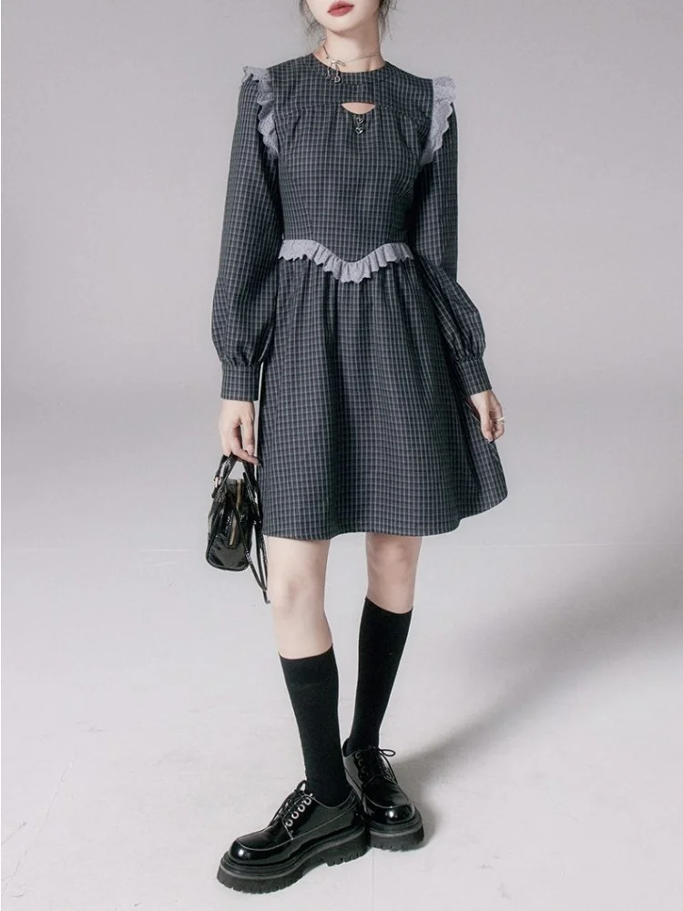 

Deeptown Vintage Preppy Style Grey Plaid Mini Dress Women Korean Fashion Cut Out Ruched Patchwork Long Sleeve Checkered Dresses
