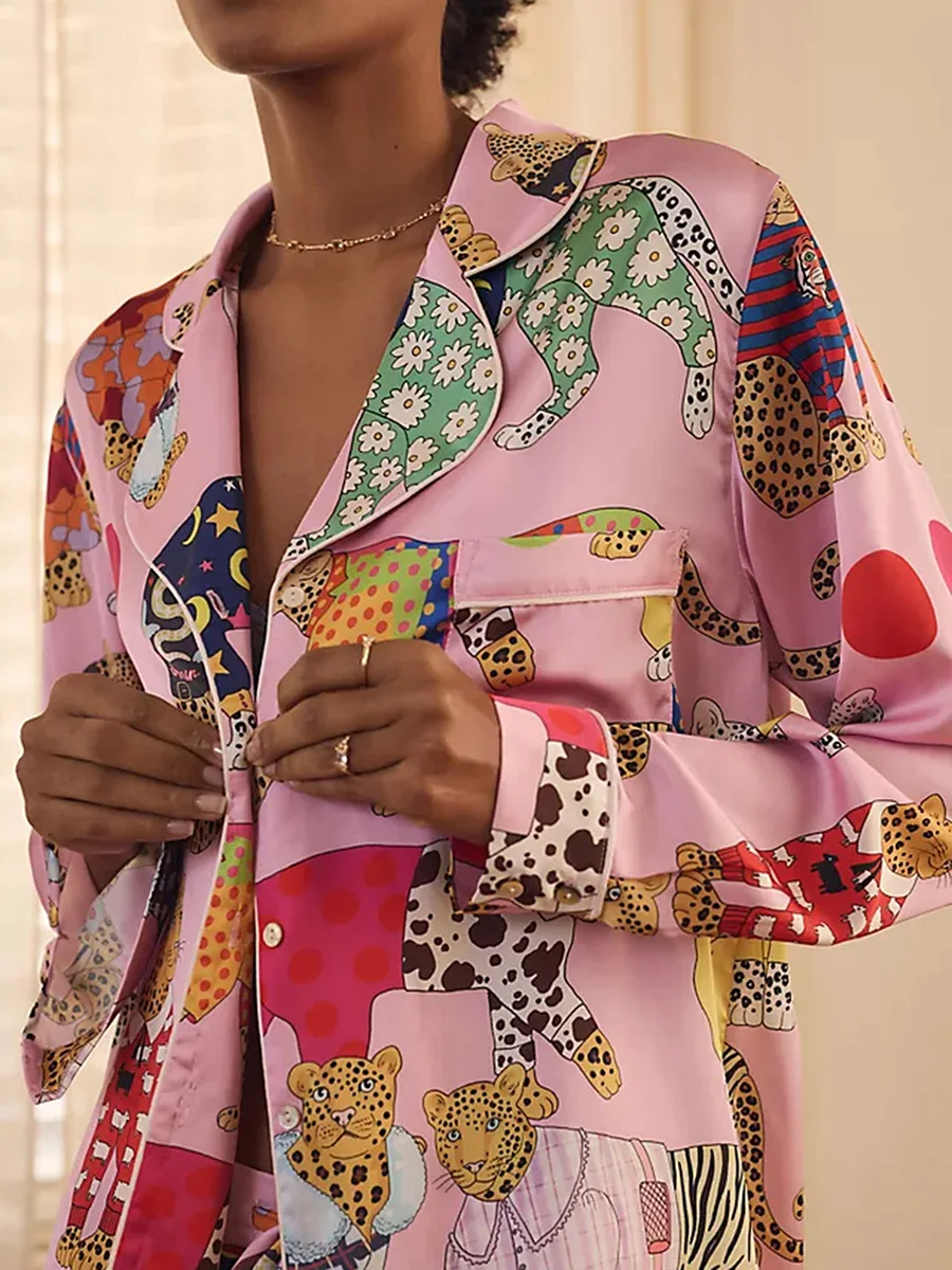 Женский пижамный комплект уютный осенний топ с принтом гепарда воротником