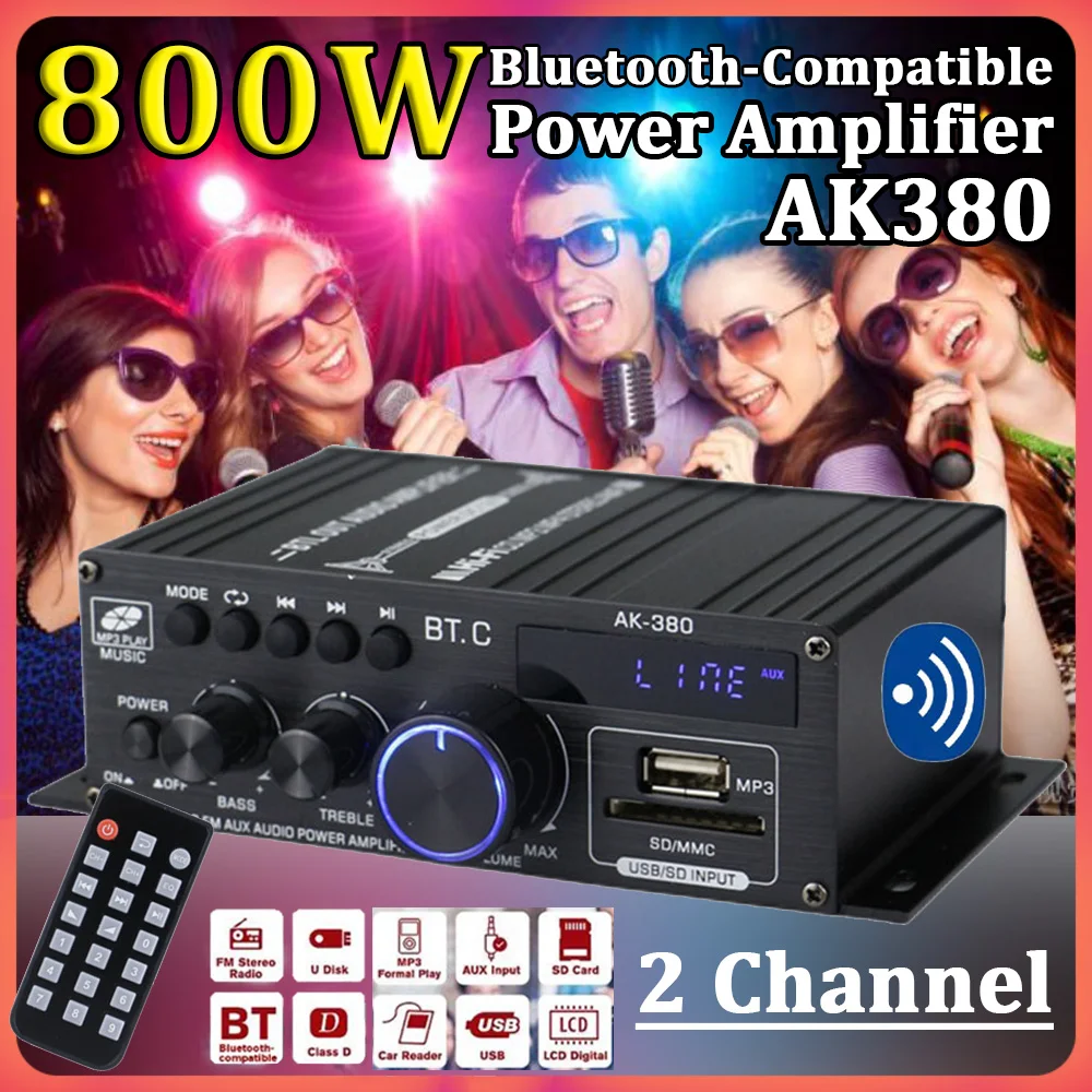 

AK380 Bluetooth-Compatible Amplifier 2 Channel Digital Amplifiers Audio 40W+40W Music Player USB AUX Karaoke for Home Car