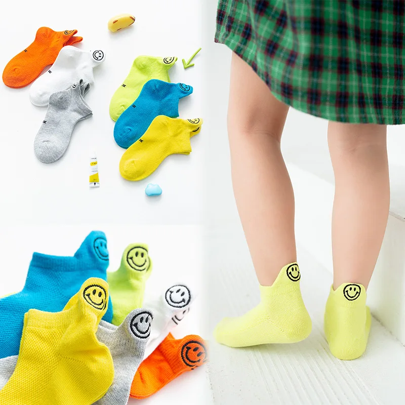 

New Kids Socks for Girls Summer Soft Breathable Cotton Baby Tube Socks Green Cute Smiley Embroidery Boys Toddler Socks 1-12years