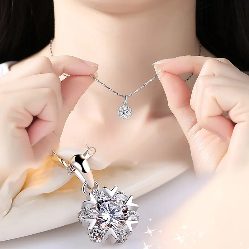 

Fashion Zircon Snowflake Pendant Women Jewelry Temperament Simple Fashion Clavicle Necklace 925 Silver Lady Shiny Choker Gift