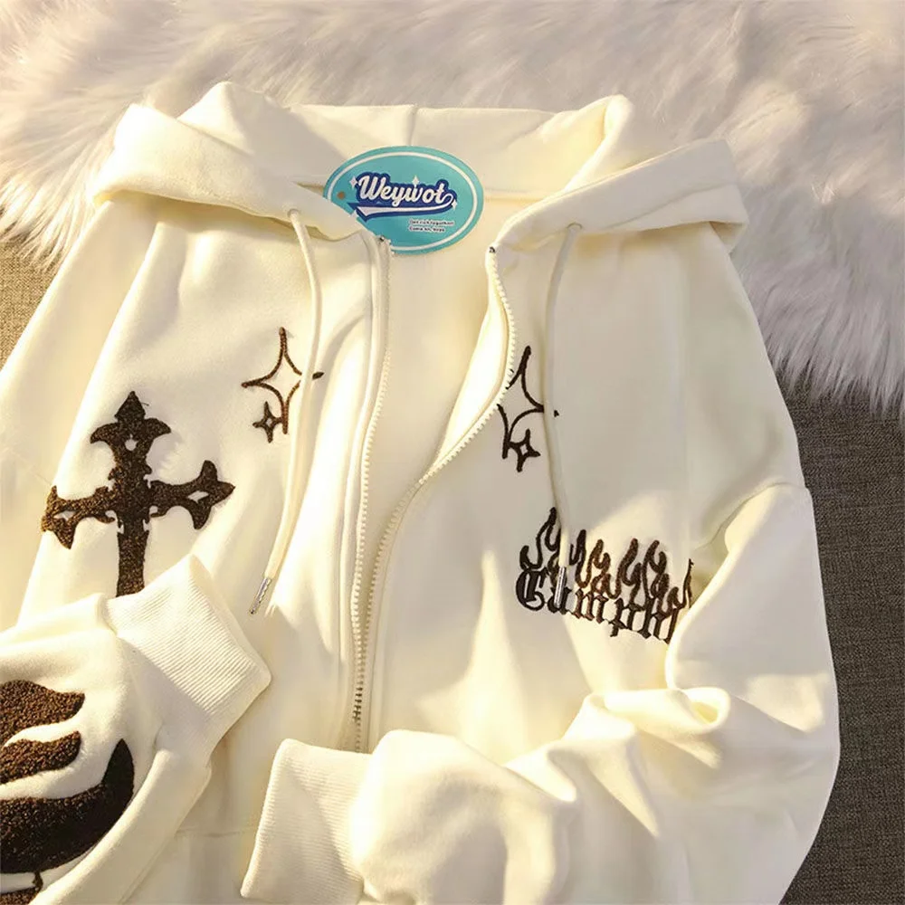 

Street Flocking Elements Zipper Hoodie New Harajuku Style Casual Loose Sweatshirt Retro Cardigan Shirt For Men And Women Couples