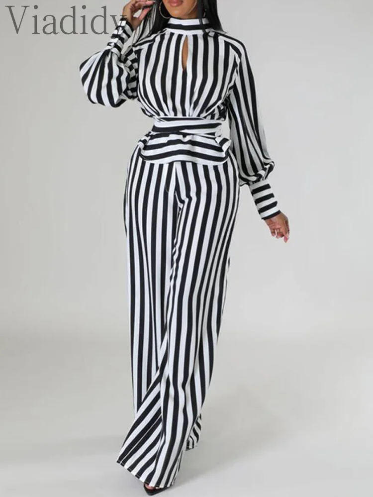 Женский комплект из 2 предметов топ в полоску с рукавами-фонариками и широкие