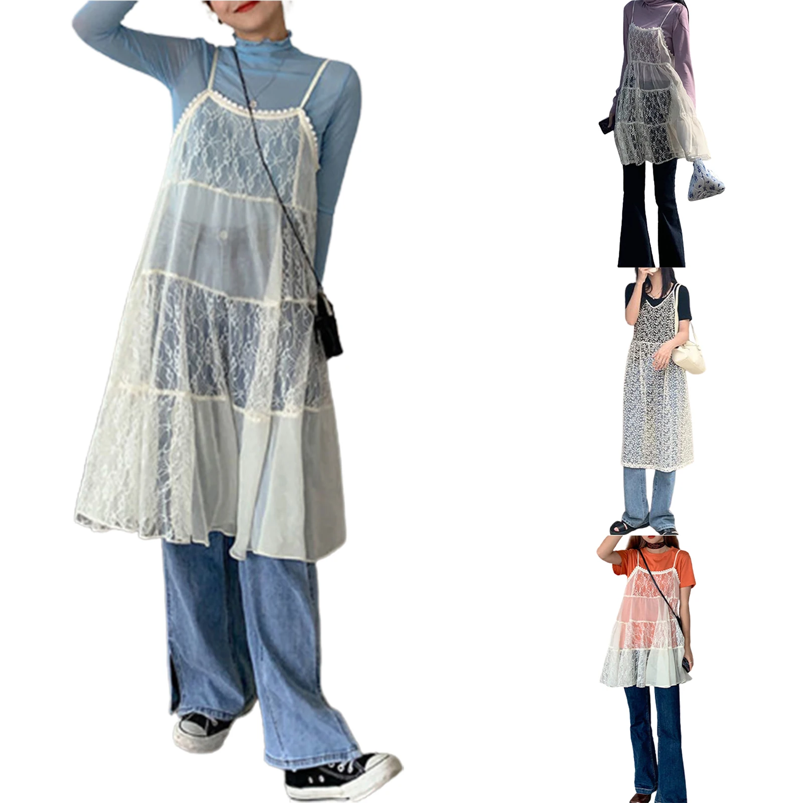 

New Women Lace Sleeveless Dress Sweet Style Loose Version Spring and Summer Clothing