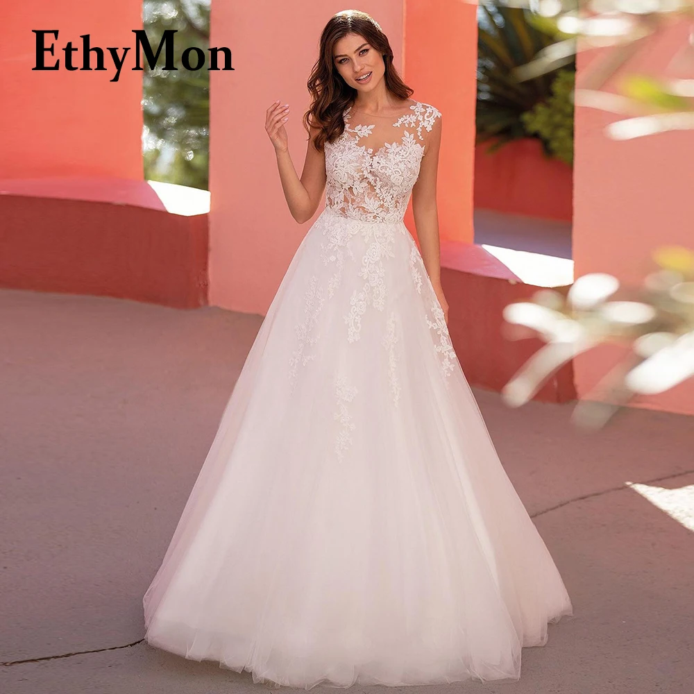 

Ethymon Modern Scoop Sleeveless Stylish Wedding Dresses Tank Button Customised Pleat Floral Print Tulle Vestidos De Novia A-Line