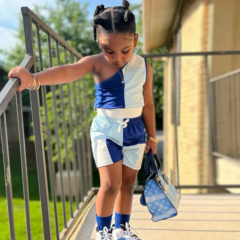 

Child Girl Colorblock Clothing Suits One Side Shoulder Tops+Shorts Summer Clothes Outfits Toddler Baby Kids Girl Fashion Sets
