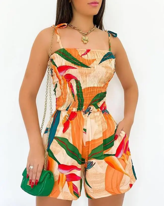 

New Fashion 2023 Summer Casual Elegant Jumpsuits Spaghetti Strap Tropical Print Tied Detail Shirred Romper Vacation