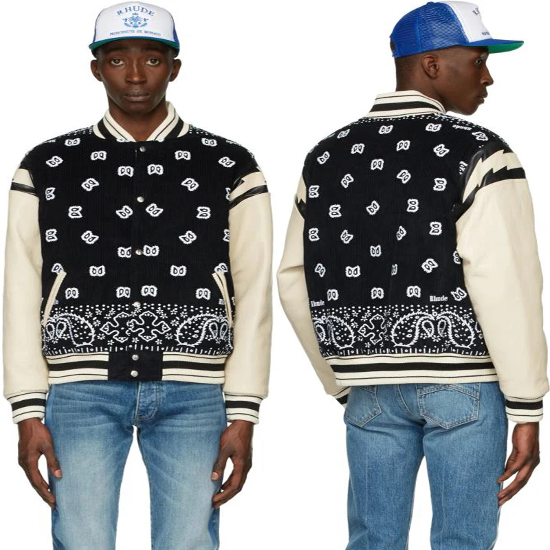 

2022 RHUDE High Street Cashew Flower Lightning Sleeve Baseball Jacket Corduroy Jacket for Men and Women
