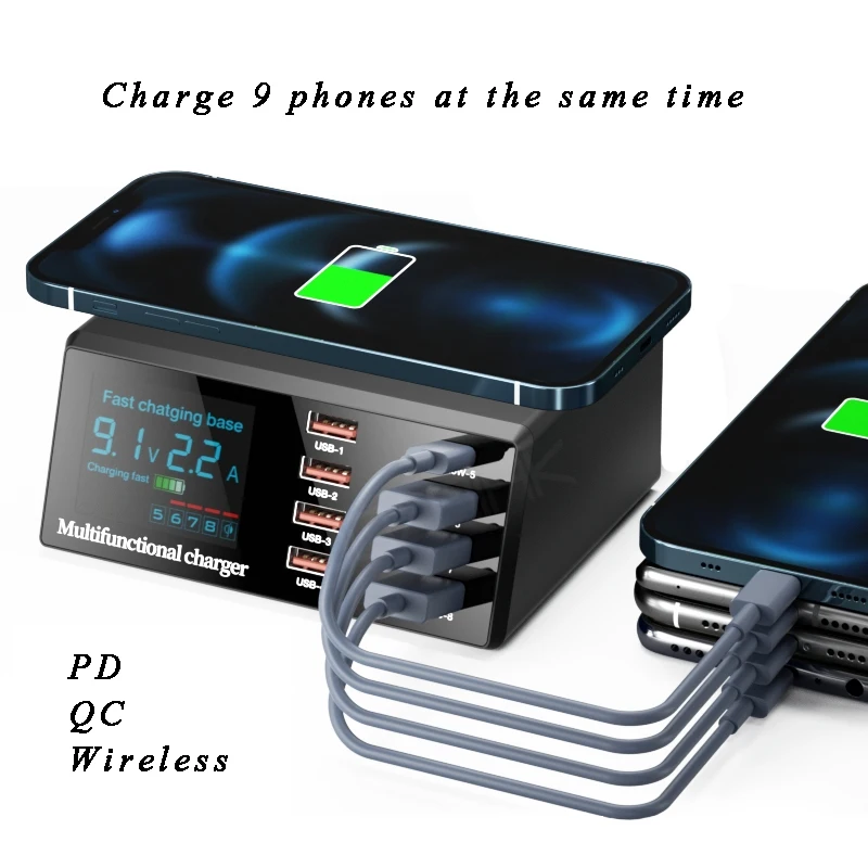 

Smart Charge 100W PD45w Support QC 3.0 and 15W Wireless Dual Fast Charge Wired charge With LCD Display for Mobile phone Charging