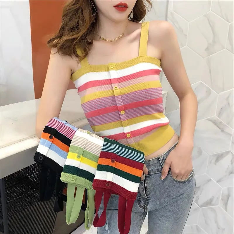 

Women Short Camisole Colorful Stripe Knitted Vest Camis Buttons Sling Crop Top Ladies Summer Slim Navel Shirt Tanks Fashion New