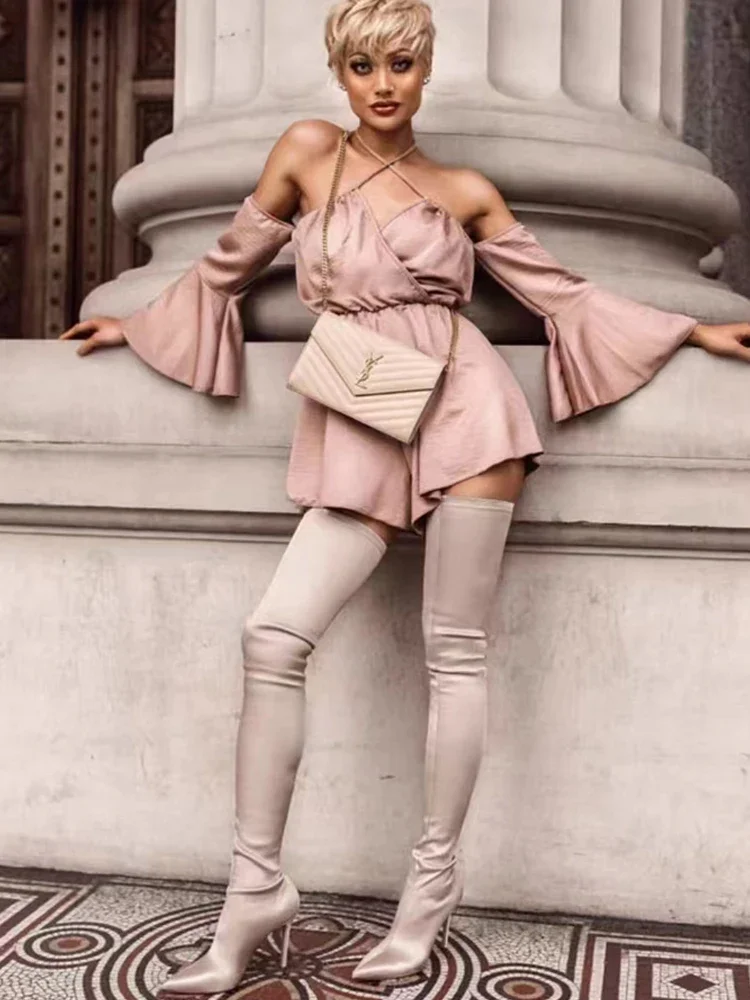 Сапоги выше колена для женщин пикантные узкие эластичные сапоги до бедра с