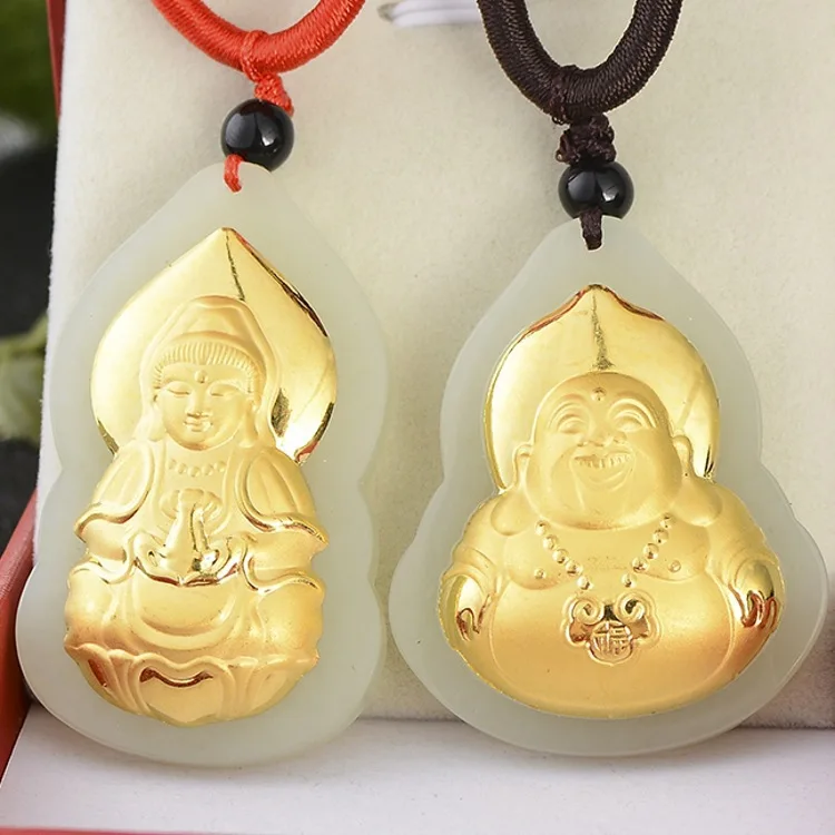 

Gold inlaid jade 4D Hotan jade inlaid gold full gold inlaid Hotan jade pointed flame Guanyin Buddha Pendant for men and women