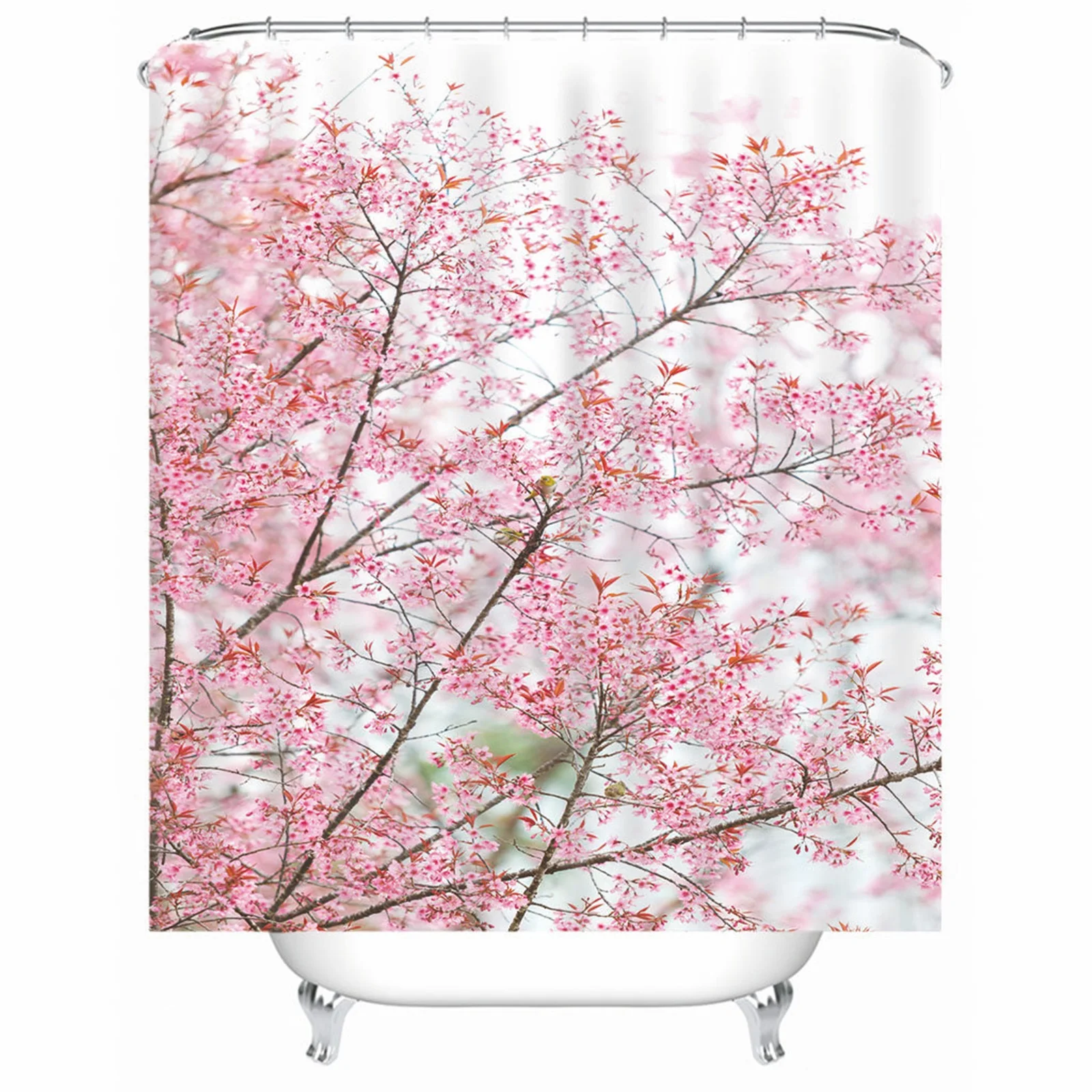 

Shower Curtain For Kids Polyester Blooming Flowers Pink White Mildew Resistant Waterproof Bathroom With Grommets Hooks