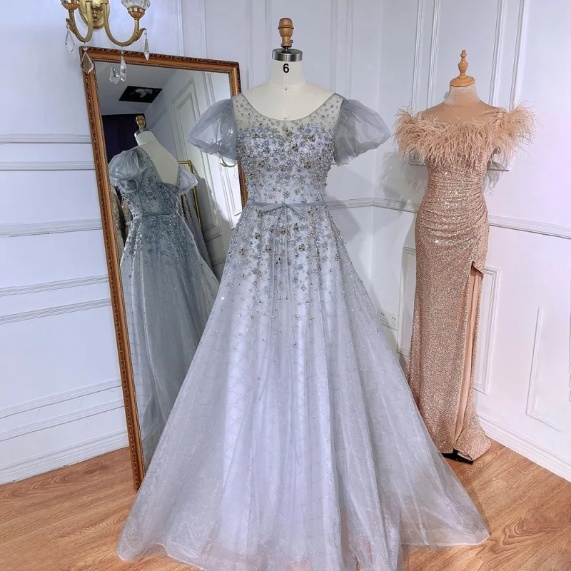 

Grey A Line Boat Neck Puff Short Sleeves Prom Dresses Customized Best Price Graduation Party Gowns For Girls 2023