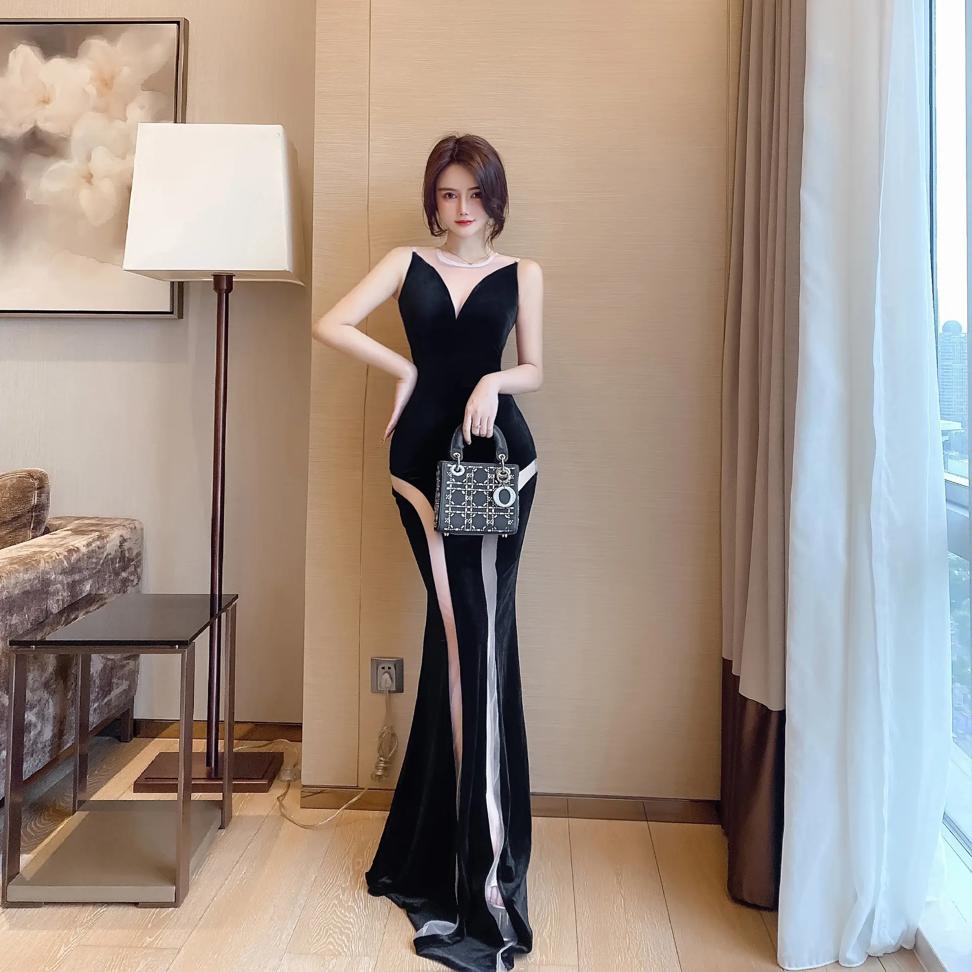 

Nightclub Sexy Dress Black Velvet Mesh Splice Low Cut Open Back Fish Tail Beauty Long