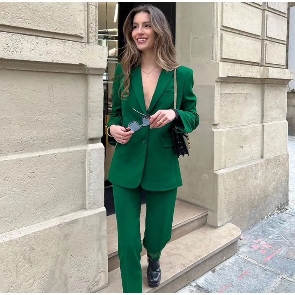 Casual Green Women Suits Long Sleeve Notched Collar Single Breasted Blazers High Waist Pants Female Suit 2023 Spring Fashion Set