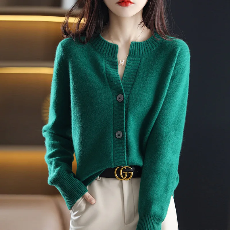 

Limiguyue Green Cardigans Green Long Sleeve O-Neck Women Loose Knitted Tops Soft Vinatge Single-breasted Coats Spring Fall J068