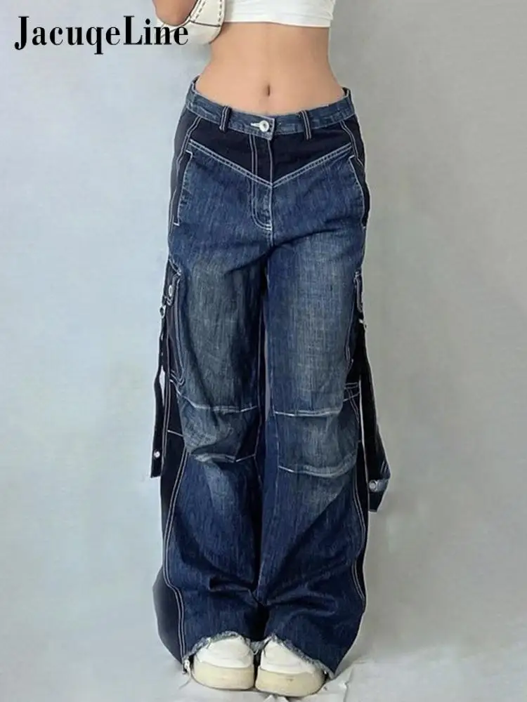 

Jacuqeline Y2K Tie Dye Cargo Jeans Women Loose Zipper Distressed Pants Vintage Punk 90S Fashion Long Trousers Streetwear Korean