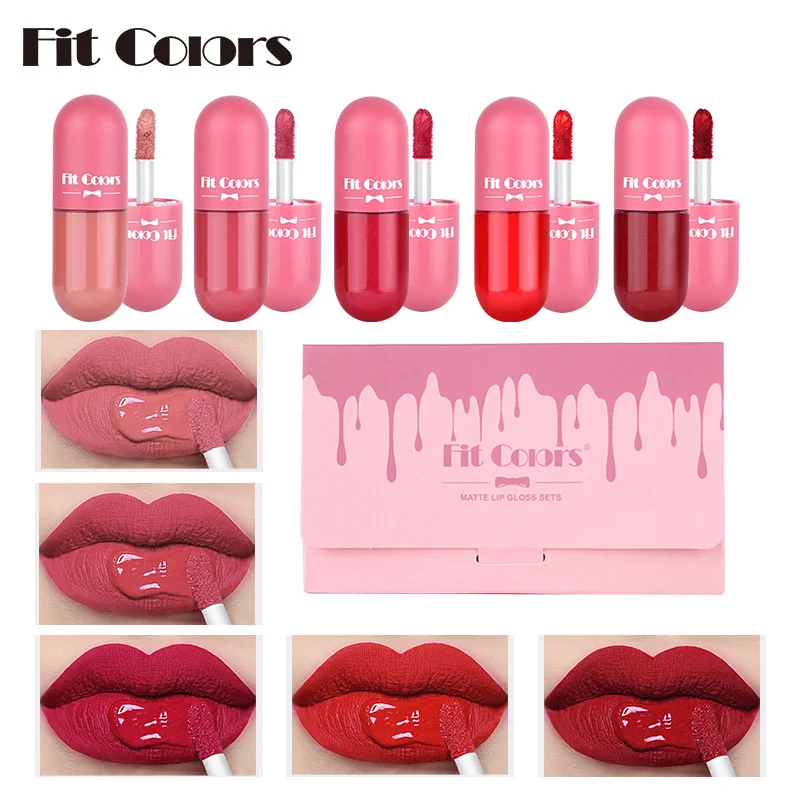 

HEALLOR 5 Color Box Mini Capsule Shape Lip Gloss Velvet Matte Non-stick Cup Color Liquid Lipstick Cosmetics Set