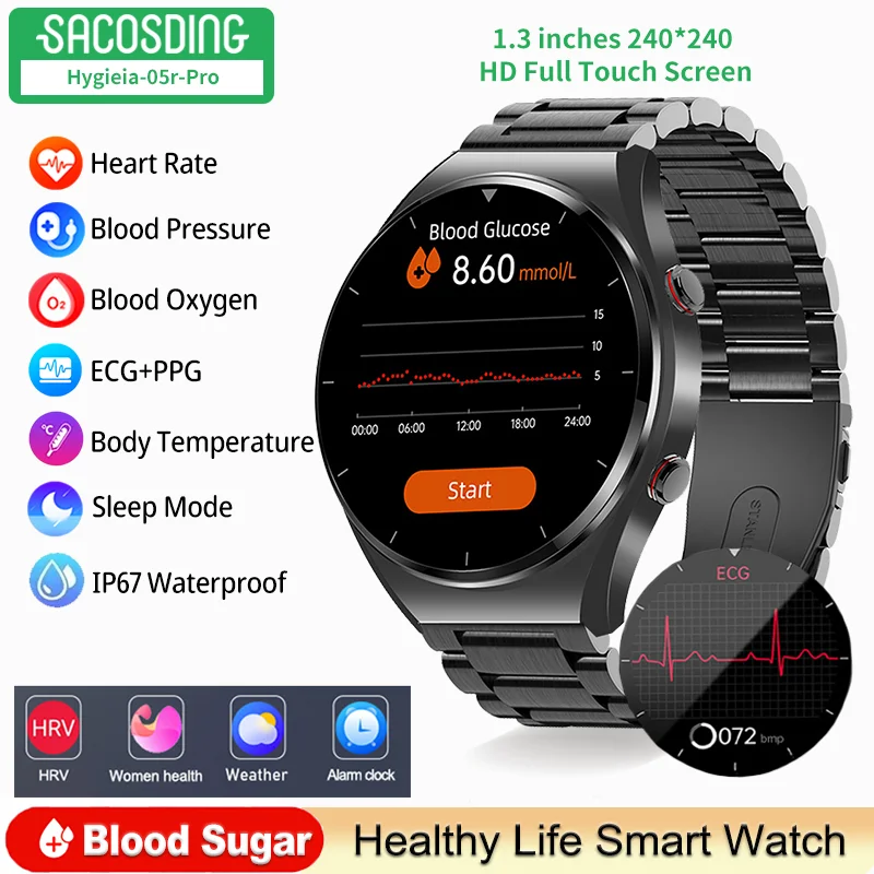 

Healthy Blood Sugar Smart Watch Men ECG+PPG Precise Body Temperature Heart Rate Monitor Watches HRV Blood Pressure Smartwatch