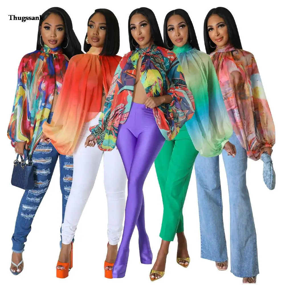 

2023 summer new lace-up printed chiffon shirt bat sleeve top