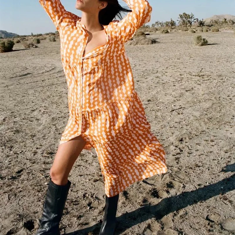 

Женское однобортное платье средней длины, свободное Повседневное платье с длинным рукавом и принтом, модель BB22512 на весну, 2022