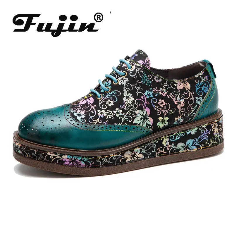

Fujin 4cm Fashion Woman Lace Up Flats Walking Females Shoes New Ethnic Style Sheepskin Leather Autumn Spring Ladies Plus Size