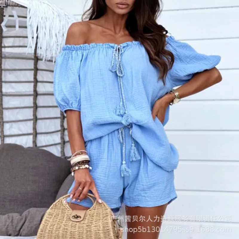 

Off Shoulder Top & Frill Hem Shorts Set Women Two Piece Set Y2k E-girl Beach Vacation Blue Matching Sets Streetwear