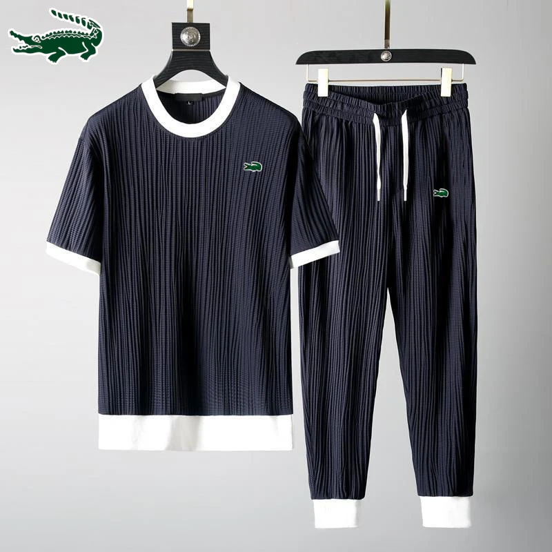 Summer men's round neck elastic pleated thin set m-4xl