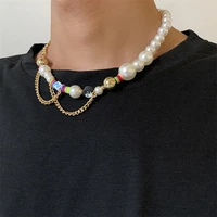 creative design metal cuban chain stitching resin jewelry necklace hip hop neutral stitching pearl metal necklace dropshipping