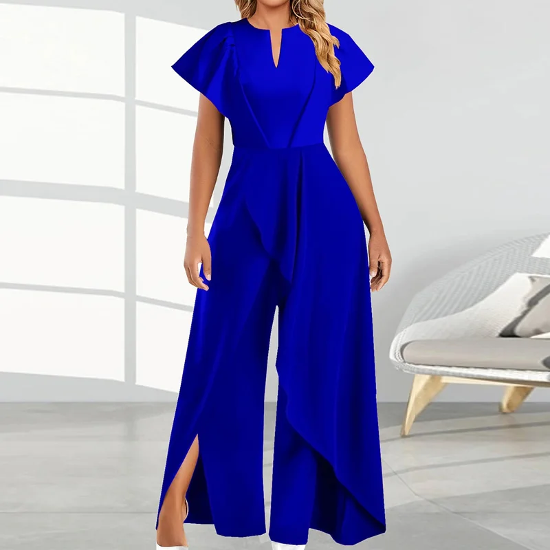 

2023 Summer Loose Solid Wide Leg Playsuits Elegant Office High Waist Rompers Casual Women V-neck Patchwork Irregular Jumpsuits