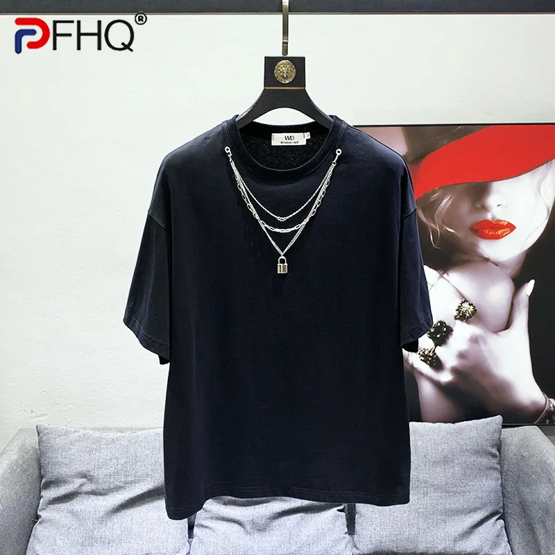 

PFHQ Summer Fashion Men's T-shirt Solid Color O-neck Short Sleeve Loose Tops Tide Darkwear Comfortable Chic Chain Tees 21F4085