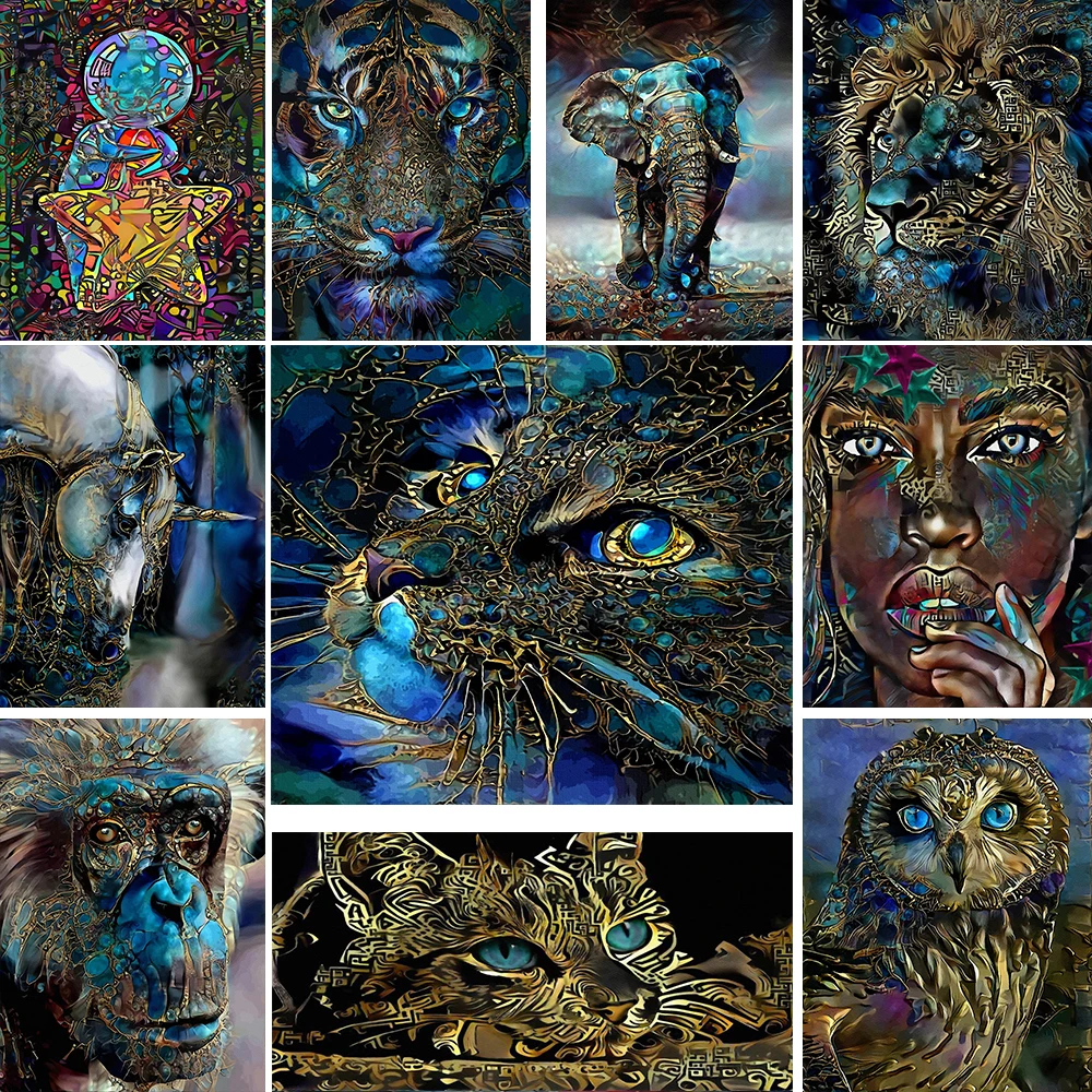 

5D Round diamond painting embroidery cross stitch animal cats and lions DIY diamond mosaic colorful fantasy cartoon owl