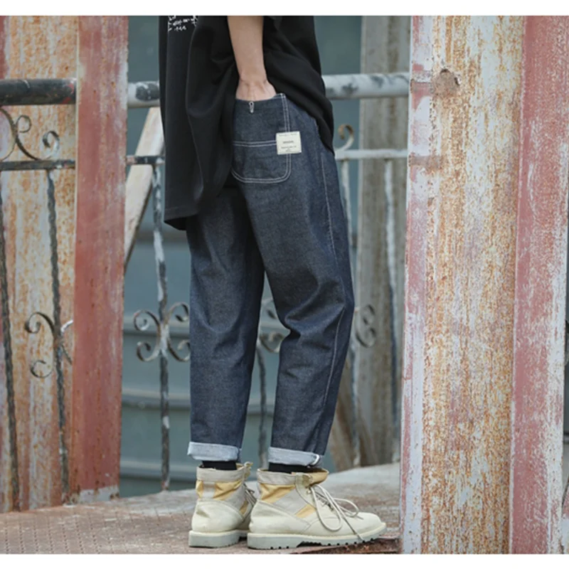 Streetwear Men 2022 New Pattern Vintage Recreational Navy Blue Jeans Loose Straight Cylinder Broad Leg Trousers Autumn Female