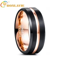 bonlavie 8mm wide mens ring tungsten carbide black electroplated rose gold matte surface with grooved angle tungsten steel ring