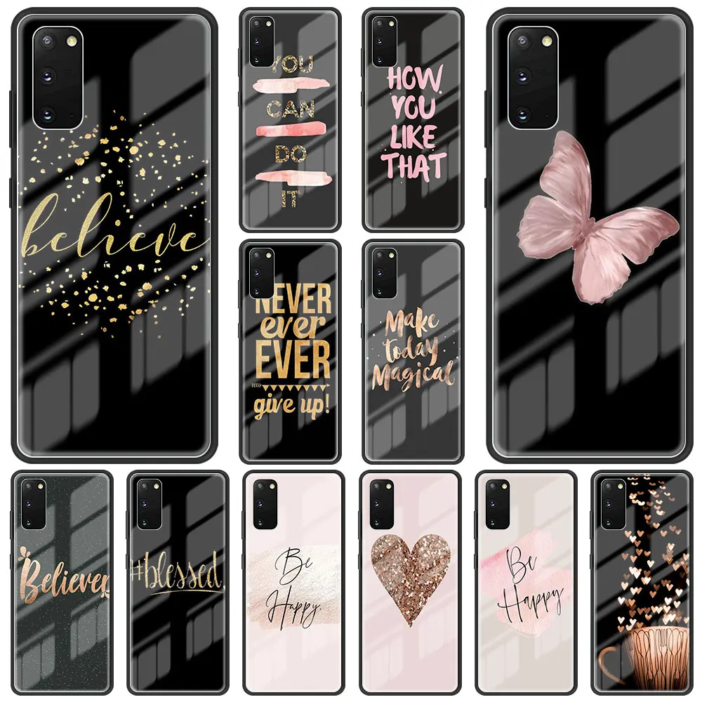 

Gold Pink Words Tempered Glass Case For Samsung Galaxy S22 Ultra S21 Plus S20 FE 5G S10 Lite Hard Case For S9 S8+ Fundas Capa