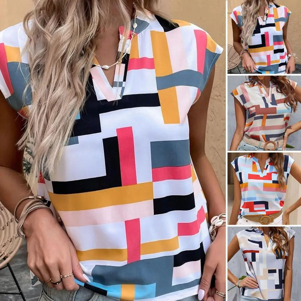 

V-Neck Bright Color Elegant Lady T-shirt Batwing Short Sleeve Geometry Print Summer Blouse Female Clothing Blouses بلوزات camisa
