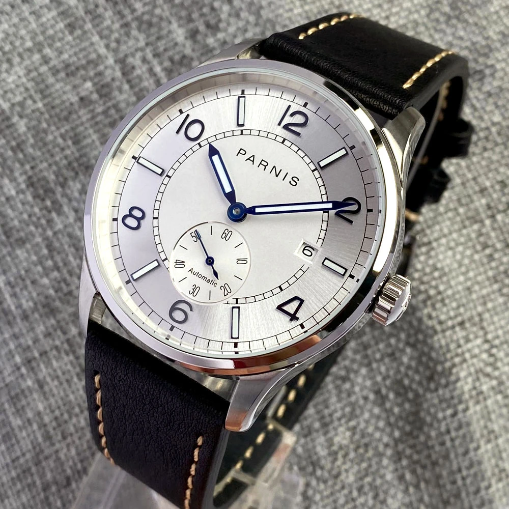 Часы мужские механические с кожаным ремешком серебристые 41 5 мм