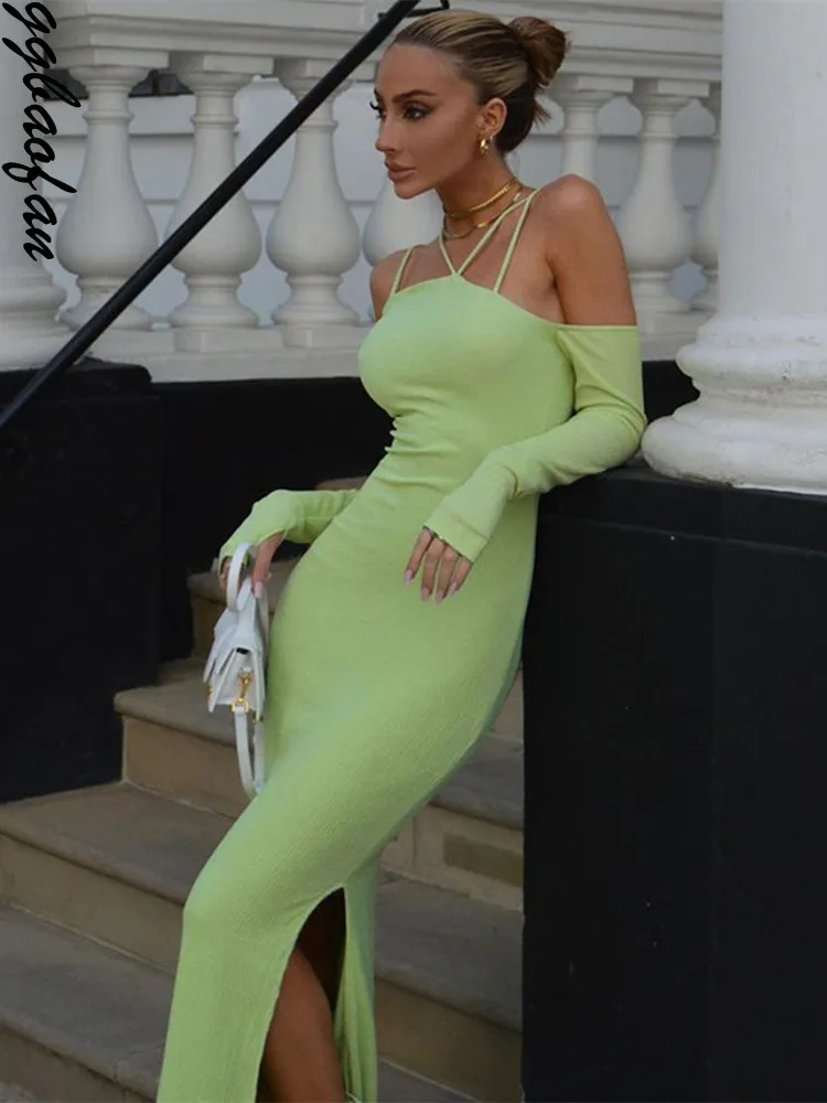 

Ggbaofan Green Sexy Elegant Straps Slit Dress For Women Thumb Hole Long Sleeve Dresses Club Party Outfits Clothes Fall 2021